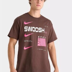 Nike Brown Short-Sleeve 'Swoosh' Graphic Tee with Pink Accents